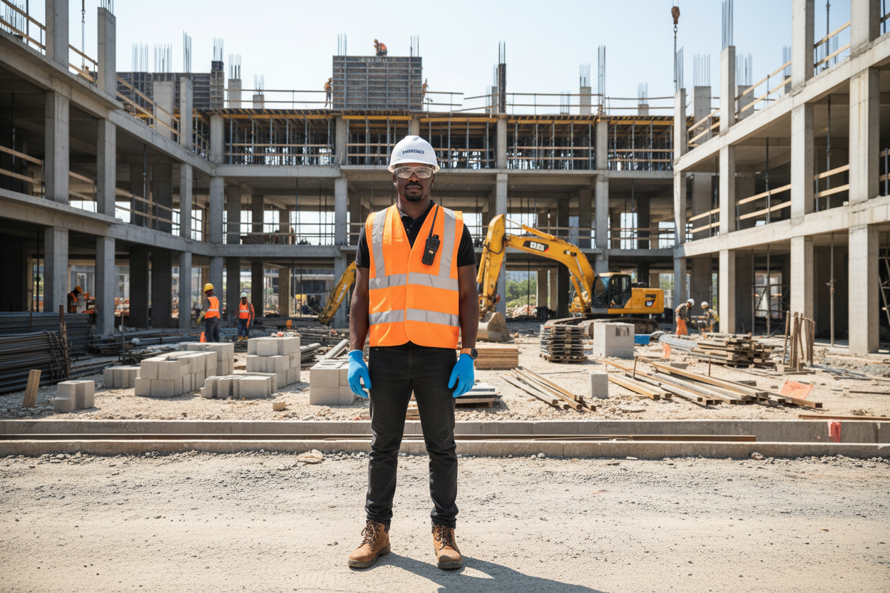 construction site with an african safety officer in full ppe